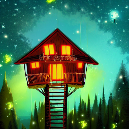 An AI generated picture of a treetop house with fireflies