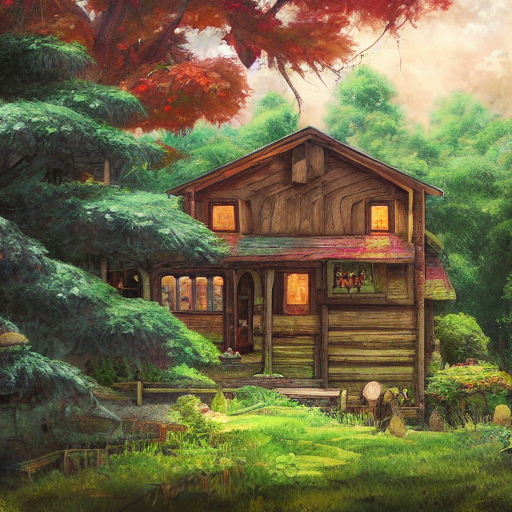 An AI generated picture of a Cluttered house in the woods in the style of studio Ghibli