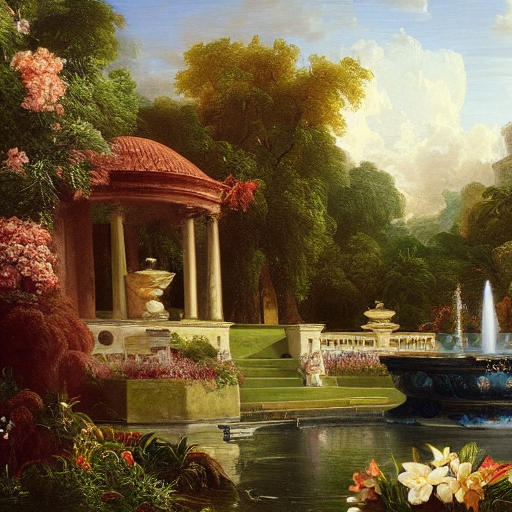 A Stable Diffusion generated picture of a beautiful mansion with flowered gardens and a fountain