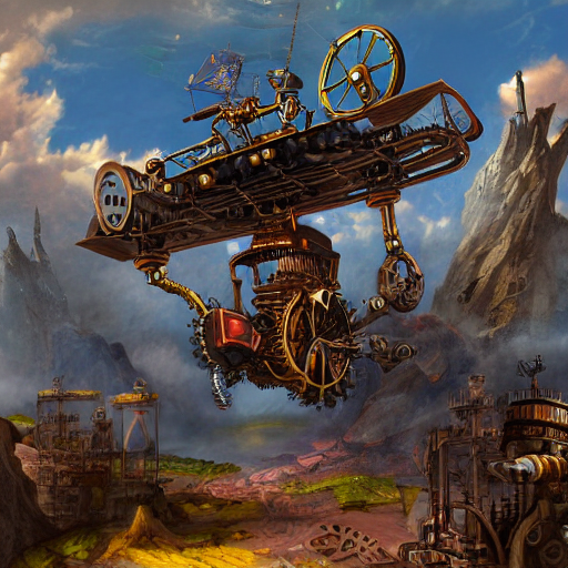 An AI generated picture of a steampunk flying machine