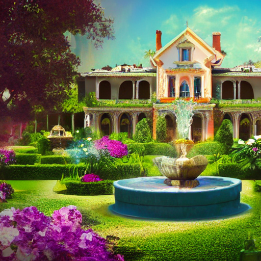 A Stable Diffusion generated picture of a beautiful mansion with flowered gardens and a fountain