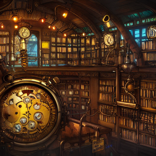 An AI generated picture of a steampunk library