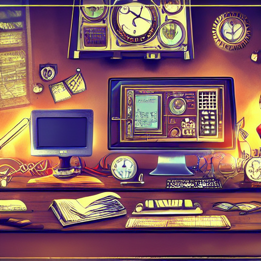 A Stable Diffusion generated picture of a steampunk desk