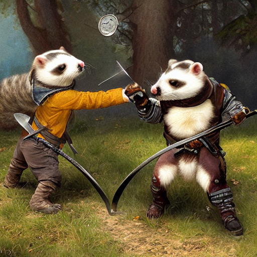 An AI generated picture of a ferret in a fencing duel with a badger