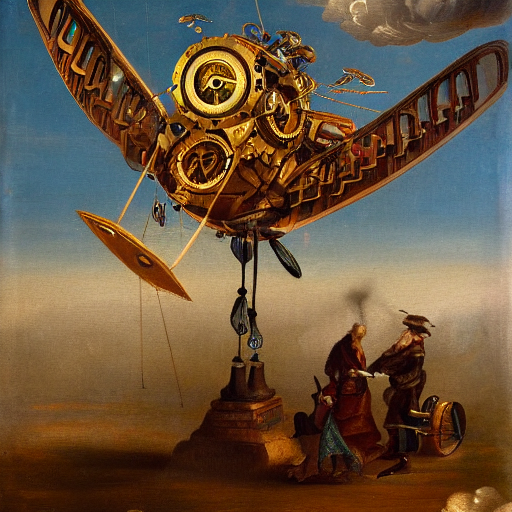An AI generated picture of a steampunk flying machine