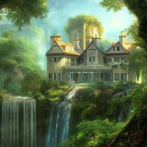 A Stable Diffusion generated picture of a beautiful mansion beside a waterfall in the woods