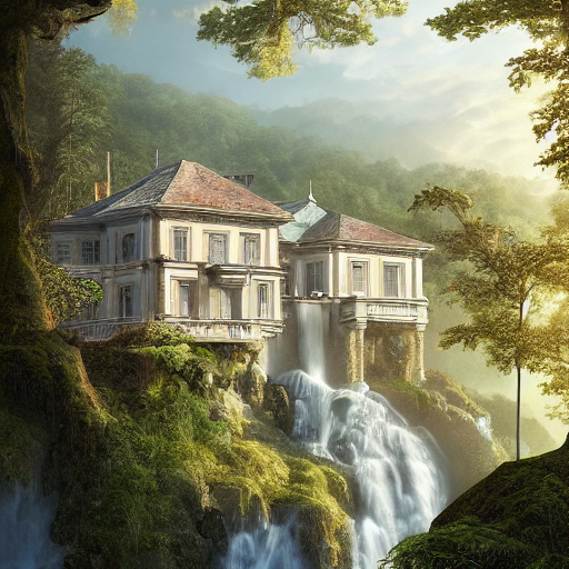 A Stable Diffusion generated picture of a beautiful mansion beside a waterfall in the woods
