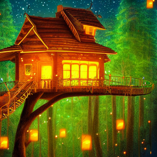 An AI generated picture of a treetop house with fireflies