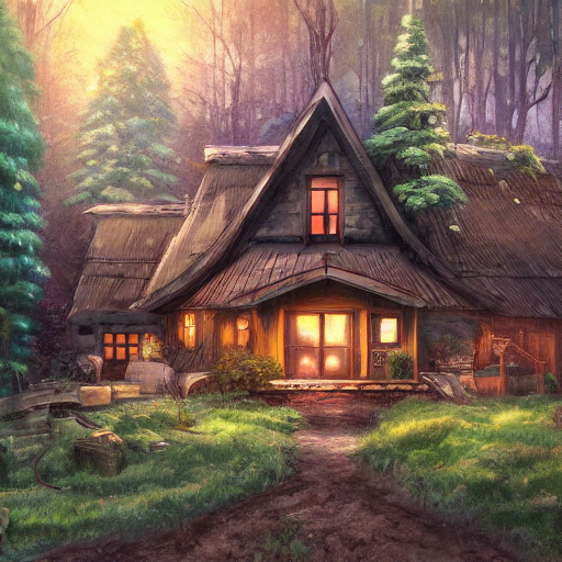 An AI generated picture of a Cluttered house in the woods , Ghibli inspired