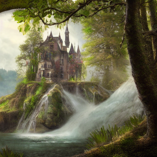 A Stable Diffusion generated picture of a beautiful castle beside a waterfall in the woods