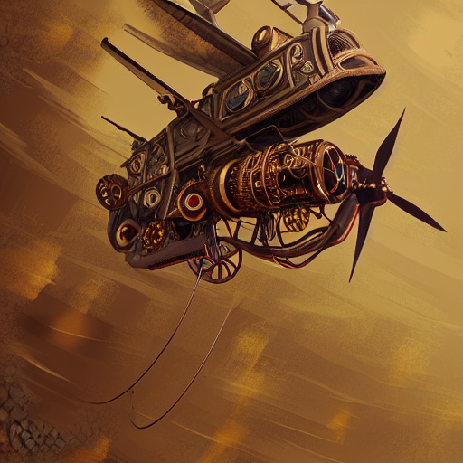 An AI generated picture of a steampunk flying machine part of a gallery