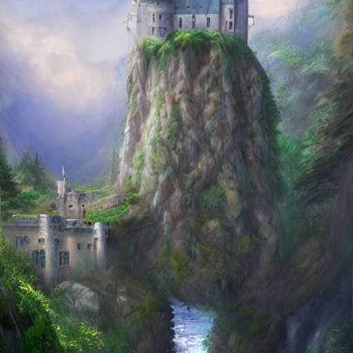 A Stable Diffusion generated picture of a beautiful castle beside a waterfall in the woods